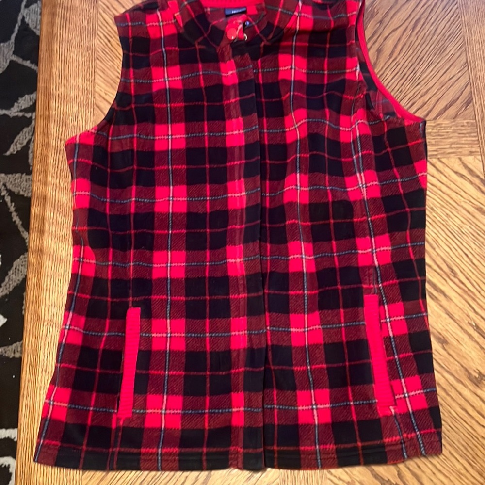 Women hidden zip Front Red Buffalo Plaid Sleeveless Cardigan Jacket Vest Large